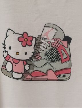 White Graphic Tee with Pink Kitty & Sneaker